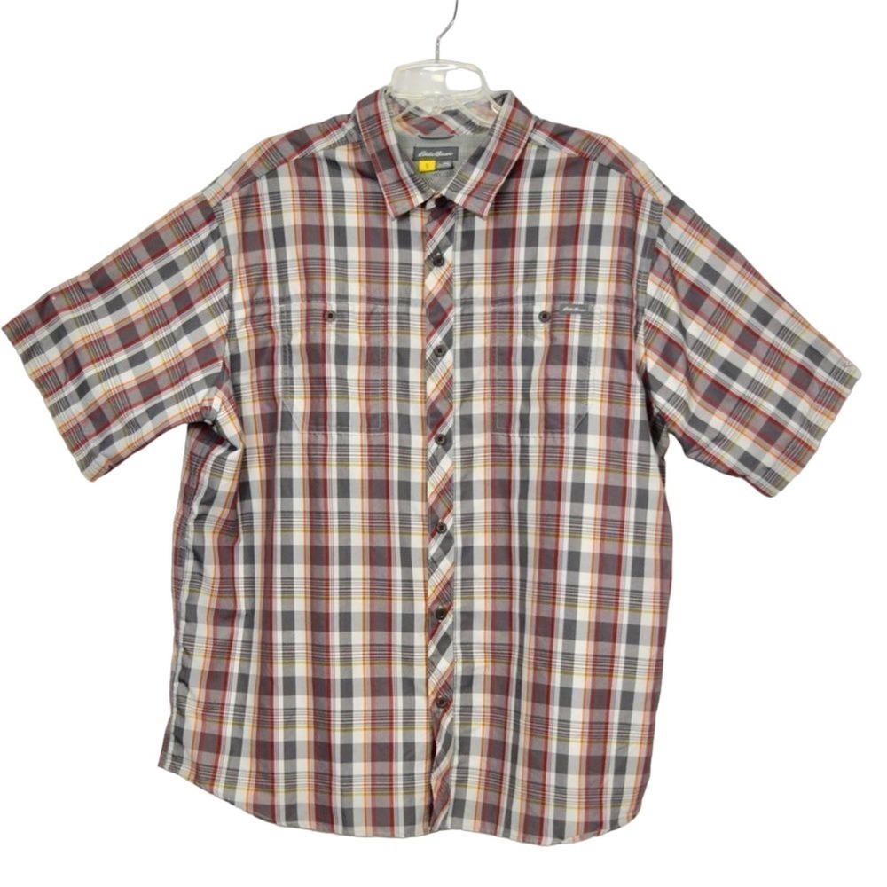 EDDIE BAUER- plaid grey white & red button up short sleeve shirt Men's 2Xen's